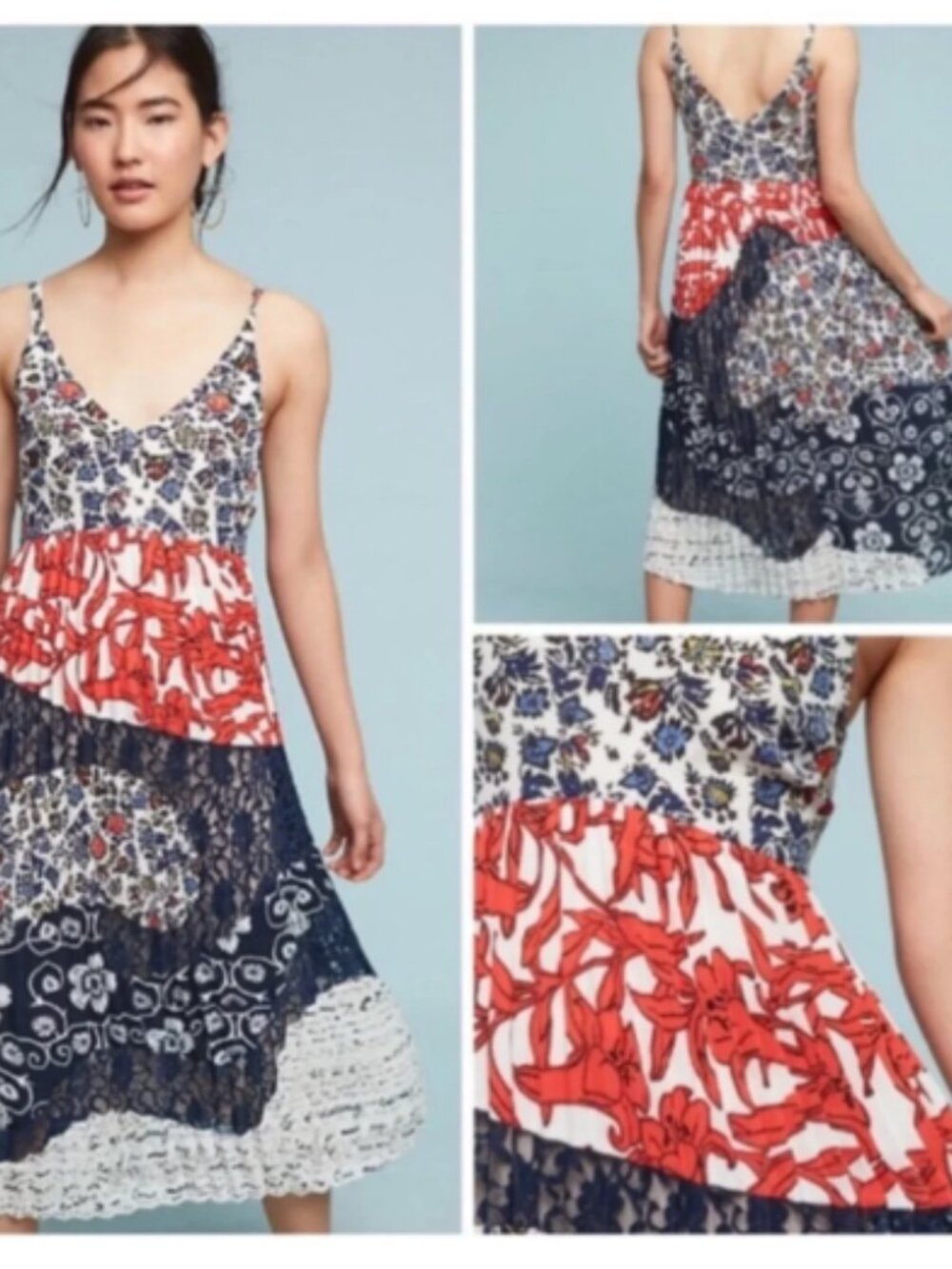 Maeve Anthropologie Isa Mixed Media Pleated Lace Midi Dress Size 10
